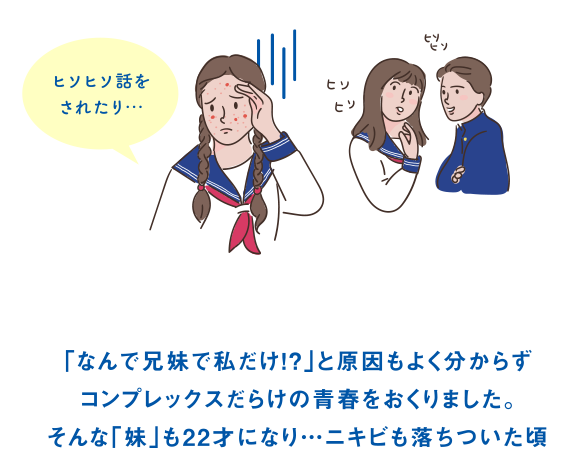 なんで兄妹で私だけ！？と原因もよくわからずコンプレックスだけの青春を送りました。そんな妹も22歳になり…ニキビも落ち着いた頃