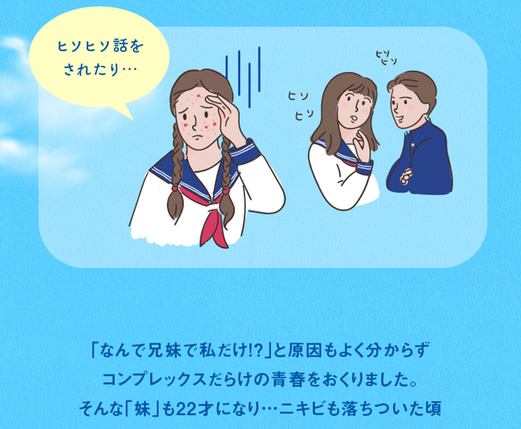 なんで兄妹で私だけ！？と原因もよくわからずコンプレックスだけの青春を送りました。そんな妹も22歳になり…ニキビも落ち着いた頃