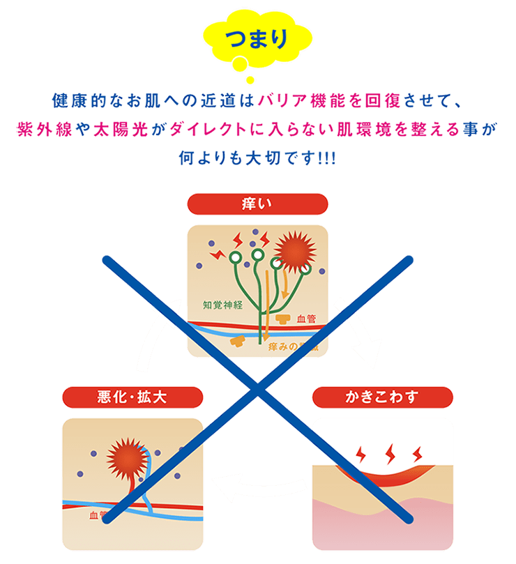 つまり、健康的なお肌への近道はバリア機能を回復させて、紫外線や太陽光がダイレクトに入らない肌環境を整えることが何よりも大切です